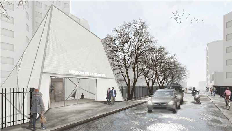 &nbsp; Street-facing view of the youth center, integrating contemporary architecture into the Parisian urban fabric.