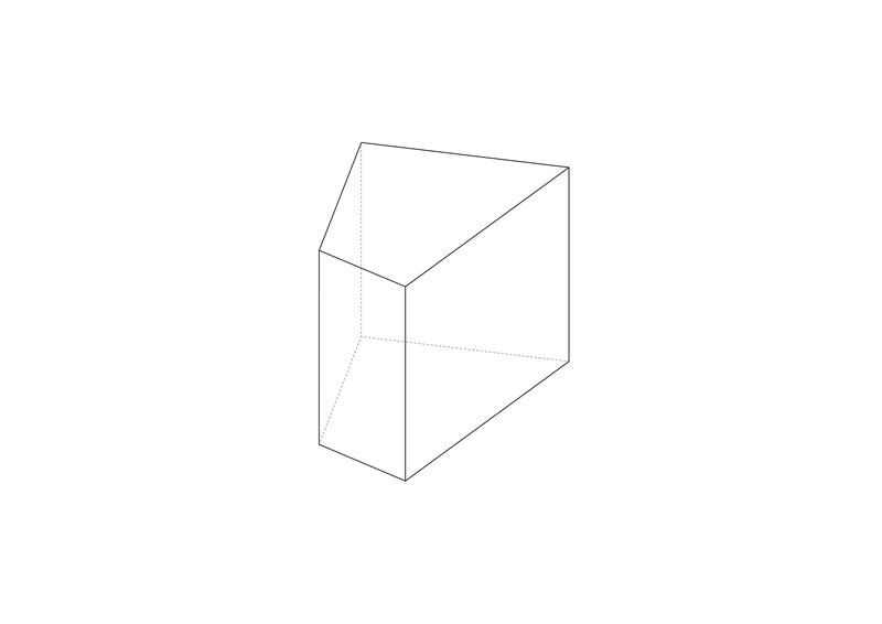 Axonometric drawing showing a wedge-shaped volume with sloped roof and triangular massing