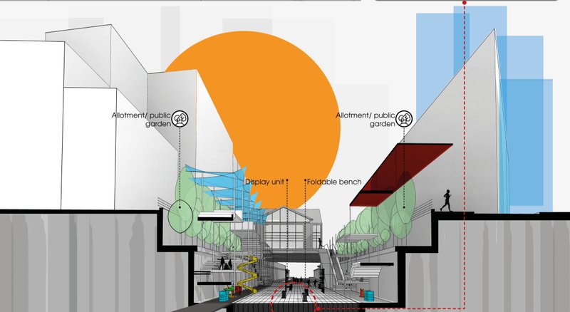 Section reveals layered public programs within reclaimed urban void