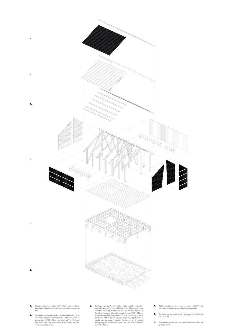 Exploded axonometric drawing showing layers of roof, framing, walls, and foundation components