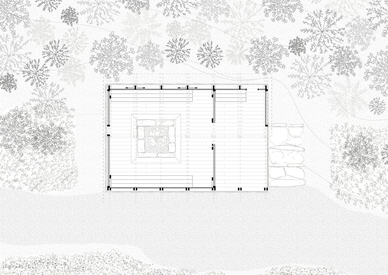 Floor plan drawing with site context showing trees and landscape elements surrounding the structure