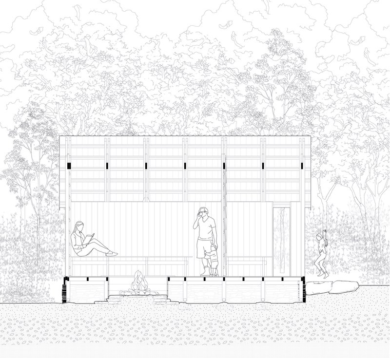 Elevation drawing showing a timber-framed pavilion with vertical cladding and figures seated beside trees