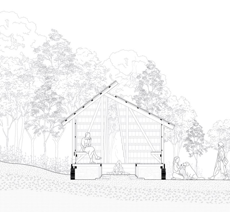 Section drawing depicting the gabled timber structure with diagonal bracing and a figure with a dog
