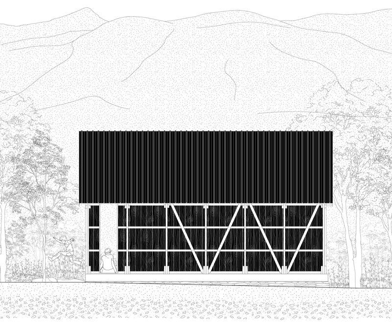 Elevation drawing showing the facade with diagonal cross-bracing and vertical slatted cladding above