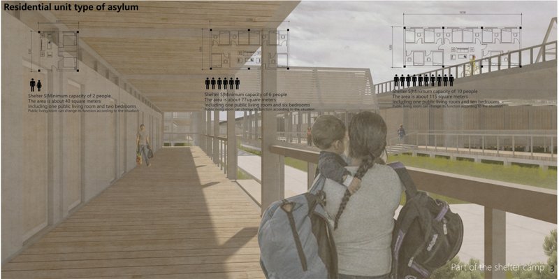 Central courtyard and circulation decks enabling social interaction within modular shelter system