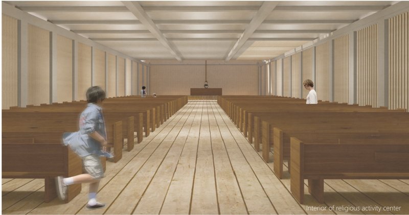 Minimalist religious activity center providing spiritual refuge within the shelter community