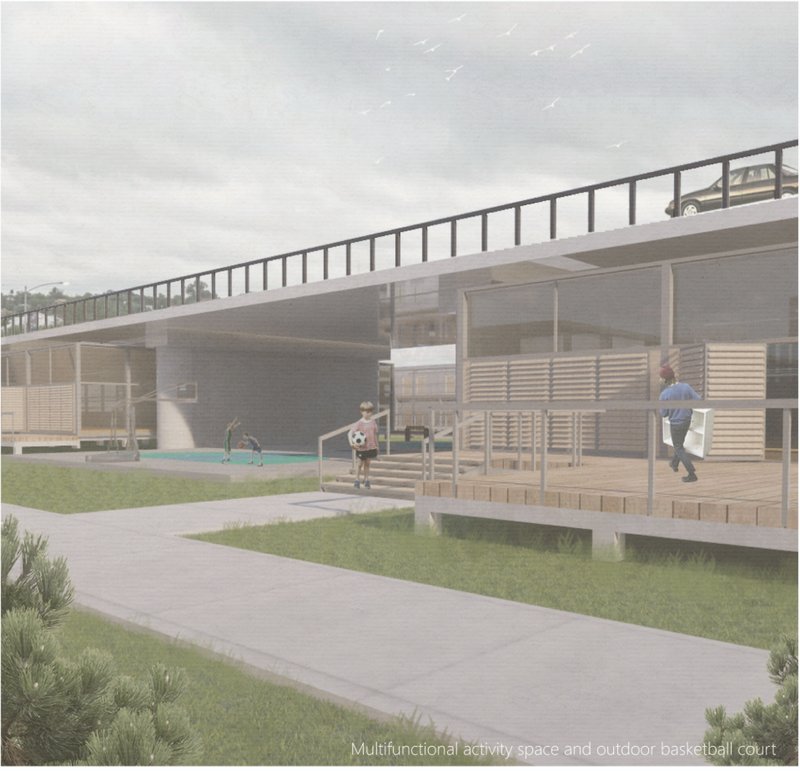 Elevated modular housing with integrated play and community space beneath existing bridge infrastructure