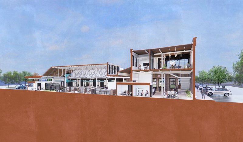 Sectional drawing revealing interior program distribution across multiple levels with roof terrace and parking