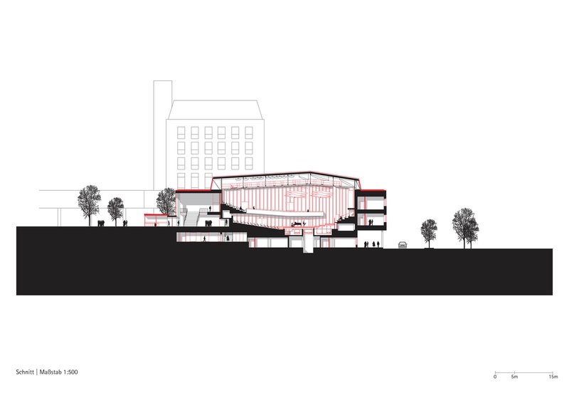 Section drawing showing a sloped auditorium volume with vertical louvers set into a hillside with trees