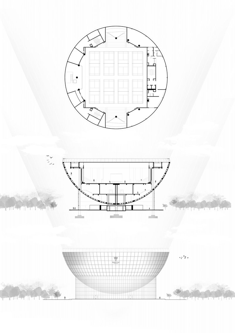 Floor plan, section drawing, and elevation showing the circular bowl form with central court