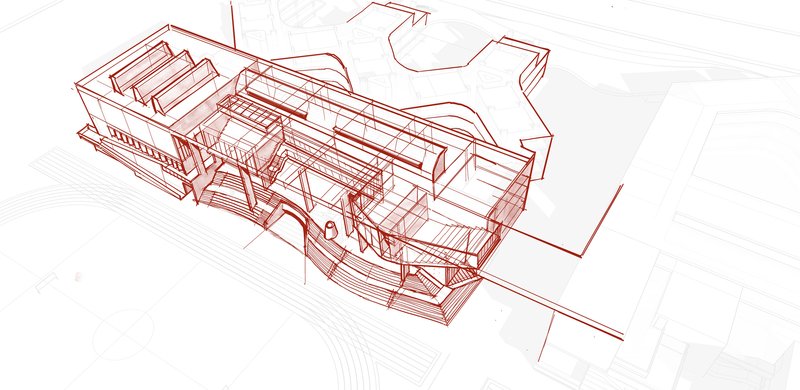 Axonometric drawing showing a transparent structural framework with curved roof volumes and exposed interior spaces