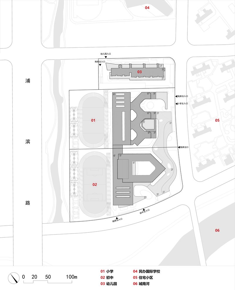 Site plan drawing showing clusters of buildings arranged around athletic fields with surrounding street context
