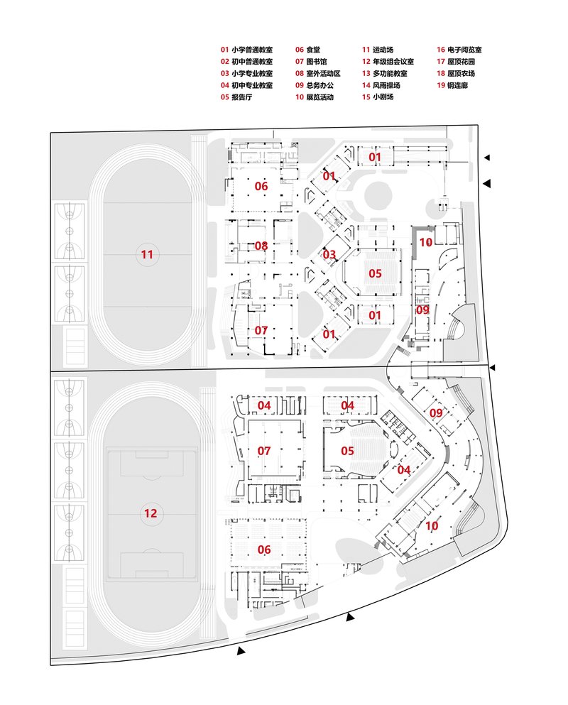 Floor plan drawing of two parallel levels with athletic fields and interconnected classroom wings