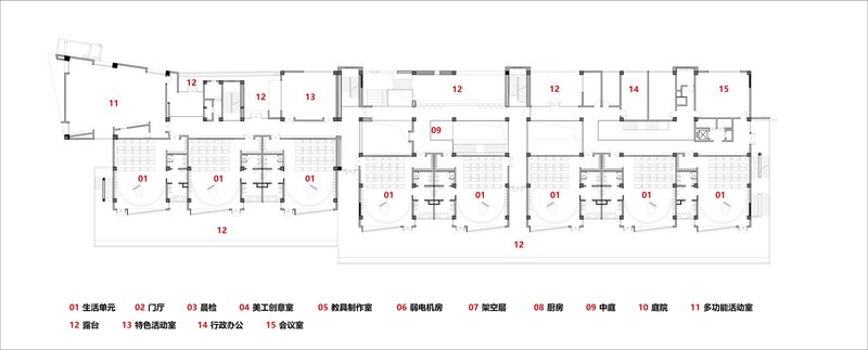 Floor plan drawing showing classroom wings arranged around a central courtyard
