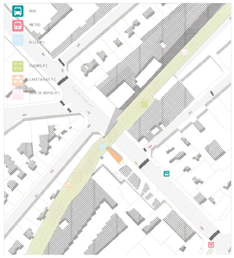 Urban intersection activated through adaptive reuse, where the former railway corridor becomes a connective green spine within the city fabric.