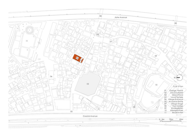 Site plan drawing showing the project location highlighted in orange within a dense urban block layout