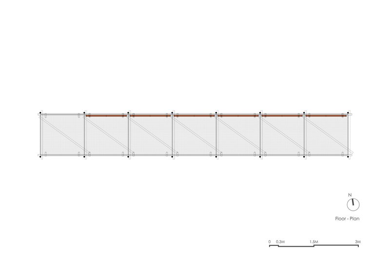 Floor plan drawing showing seven bays of diagonal bracing with one timber beam highlighted in orange