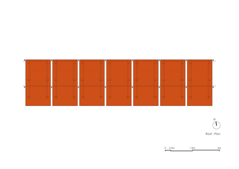 Roof plan drawing showing seven orange rectangular panels spanning between steel columns and cross-bracing