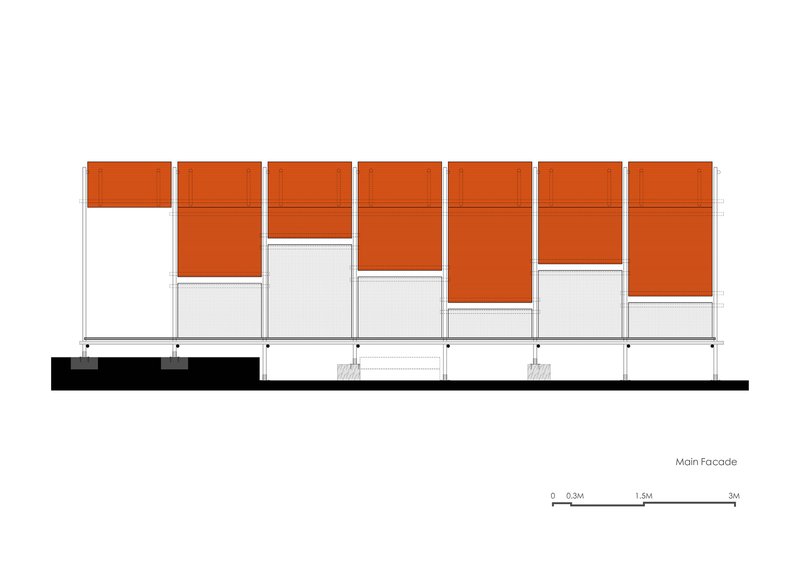 Elevation drawing showing a modular facade with alternating orange and white panel units