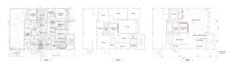 Floor plan drawings showing the evolution of the residential layout across three time periods
