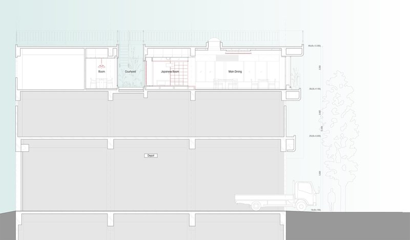 Section drawing revealing the relationship between upper residential spaces and ground-floor commercial volume with courtyard