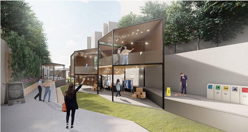Modular retail and community units activate the sunken railway corridor with flexible, adaptive use.