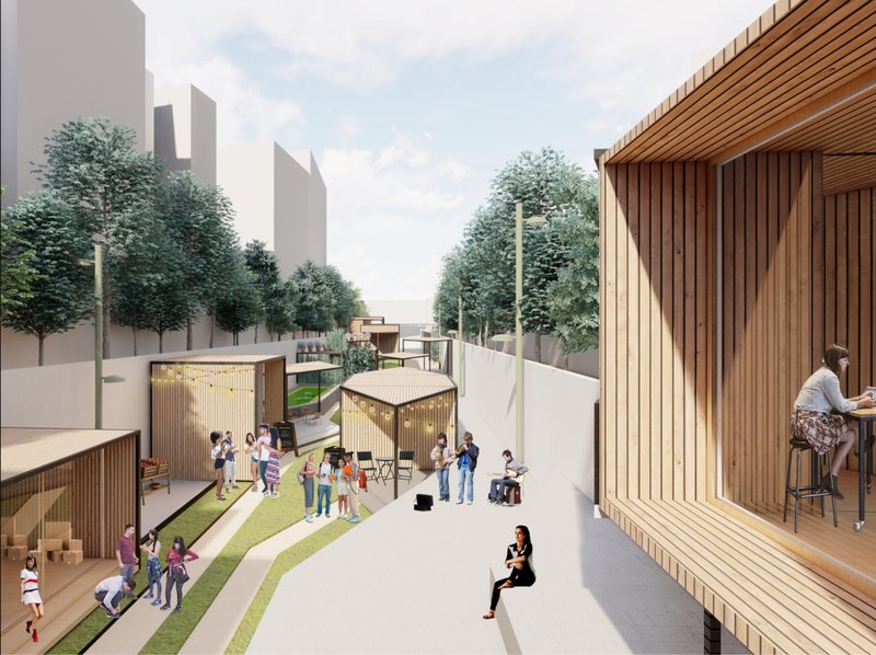 Linear urban void transformed into a vibrant, multi-level public landscape with modular interventions.