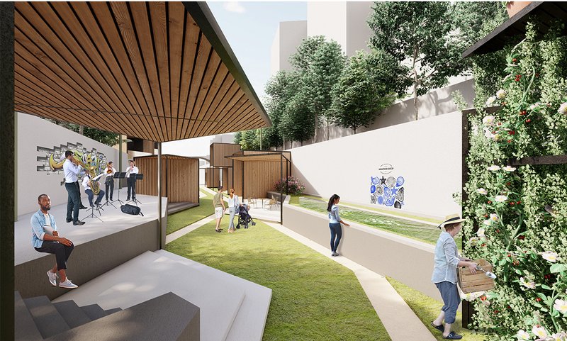 Performance space and urban farming integrate culture, ecology, and public engagement.
