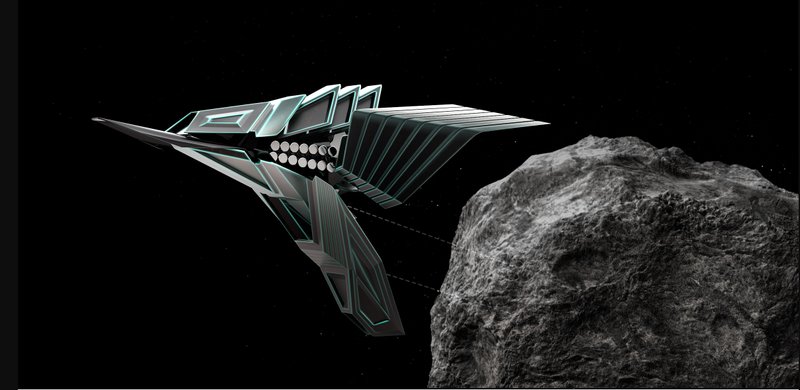 Solar-powered spacecraft harvesting energy near an asteroid for sustained operation.