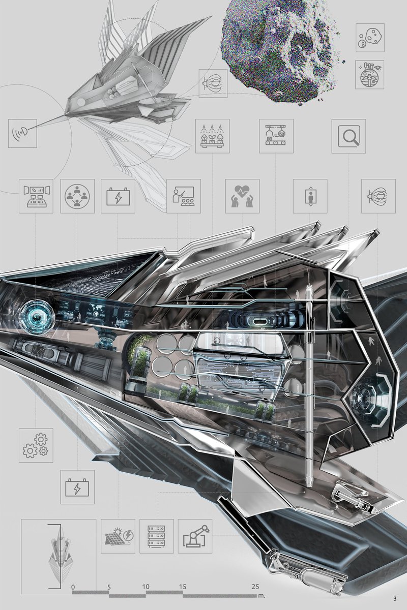 Sectional view revealing integrated life-support systems and modular habitation zones.
