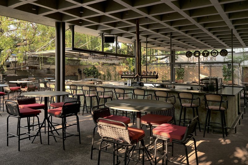 Bar seating area under coffered concrete ceiling with red cushioned stools and filtered afternoon light