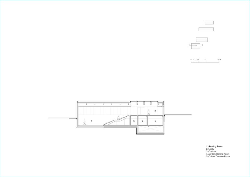 Section drawing showing a partially submerged gallery space with stairs connecting multiple interior levels