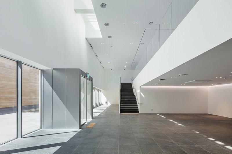 Double-height entrance lobby with black staircase and skylights casting diagonal shadows on stone floor