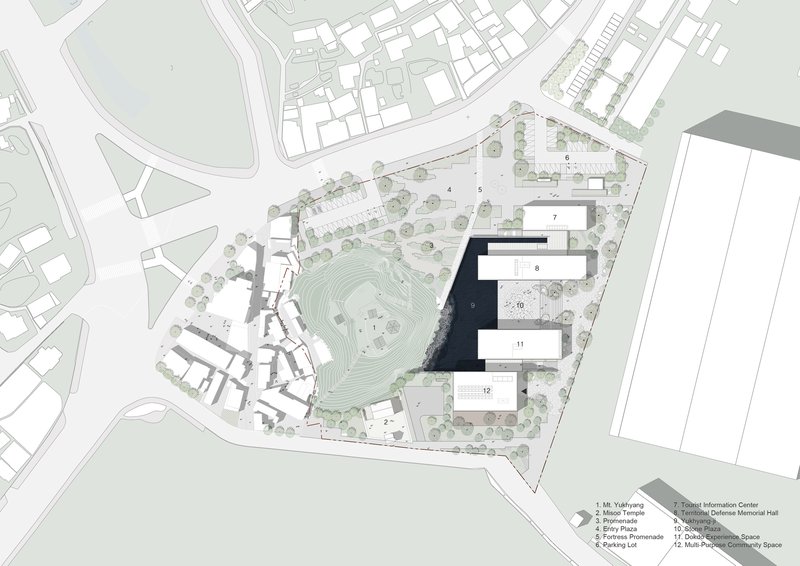 Site plan drawing showing rectangular volumes arranged around a central pond with topographic contours