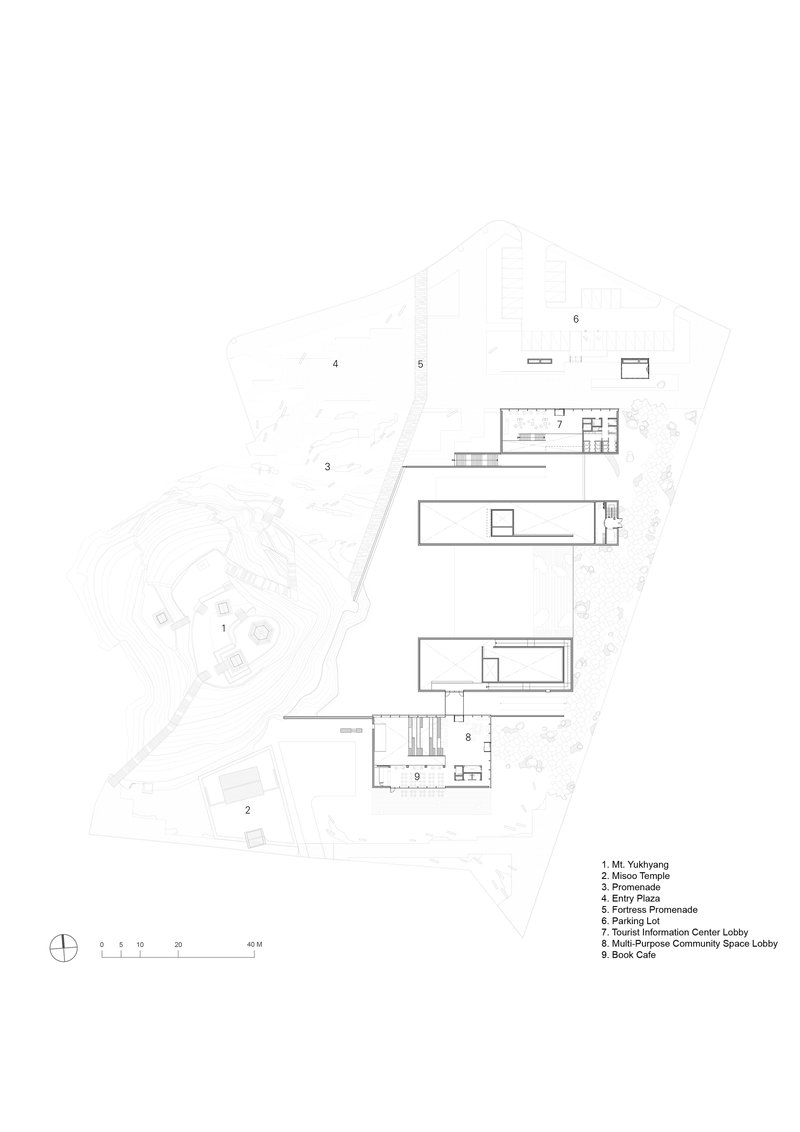 Floor plan drawing showing interior layouts of linear pavilions stepped across the terrain