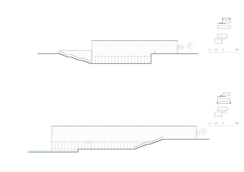 Section drawings showing a low-slung rectilinear volume set into sloping terrain with trees