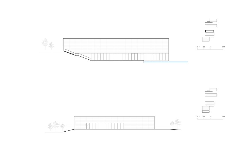 Section and elevation drawings depicting the pavilion embedded in landscape with water feature