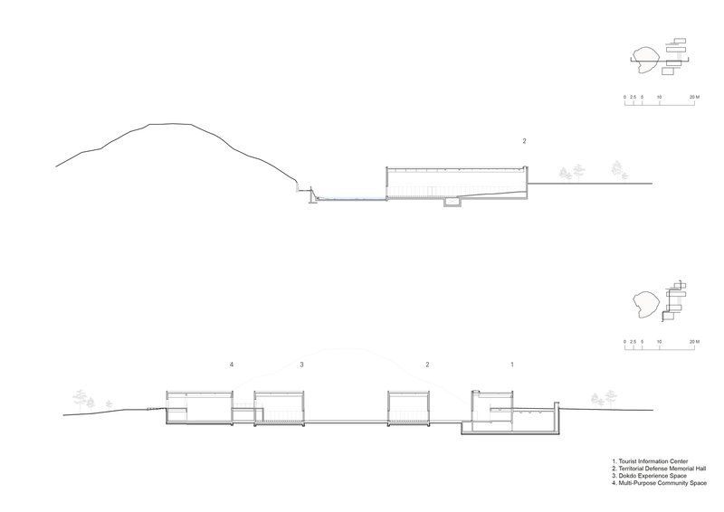 Section drawings illustrating four discrete pavilion volumes stepping down a hillside with vegetation
