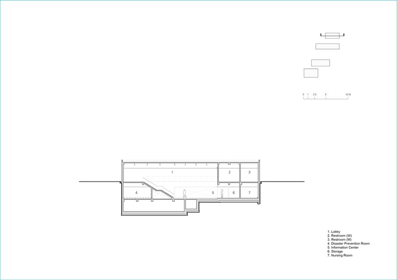 Floor plan showing a linear arrangement of rooms with diagonal staircase and multiple skylights