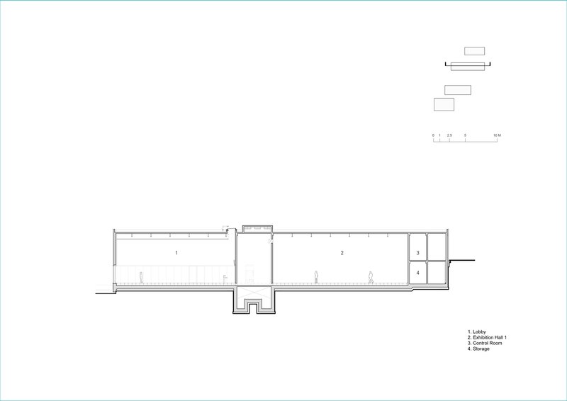Section drawing revealing two large exhibition halls flanking a central sunken entry court