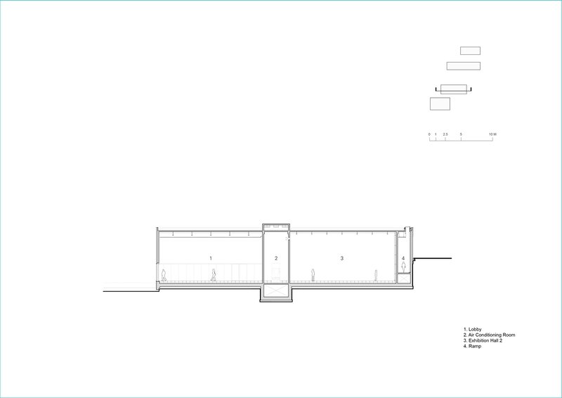 Section drawing showing twin galleries separated by central conditioned room with clerestory lighting