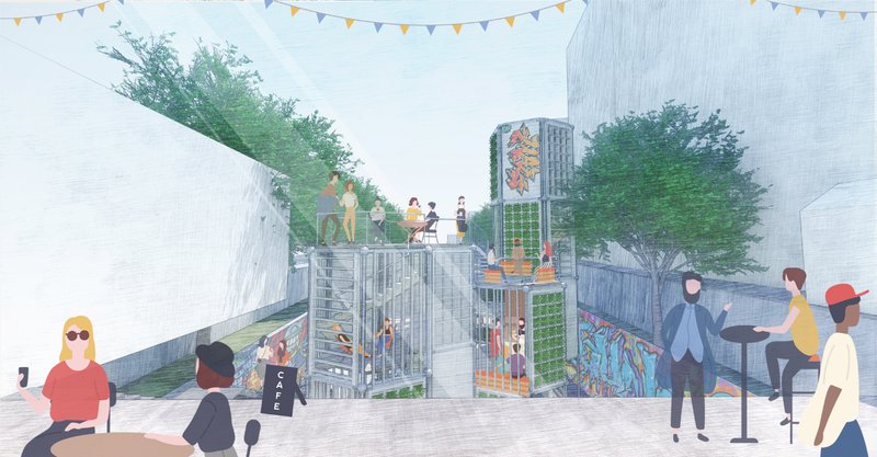 Multi-level public node activates the linear site with café culture, social engagement, and vertical connectivity.