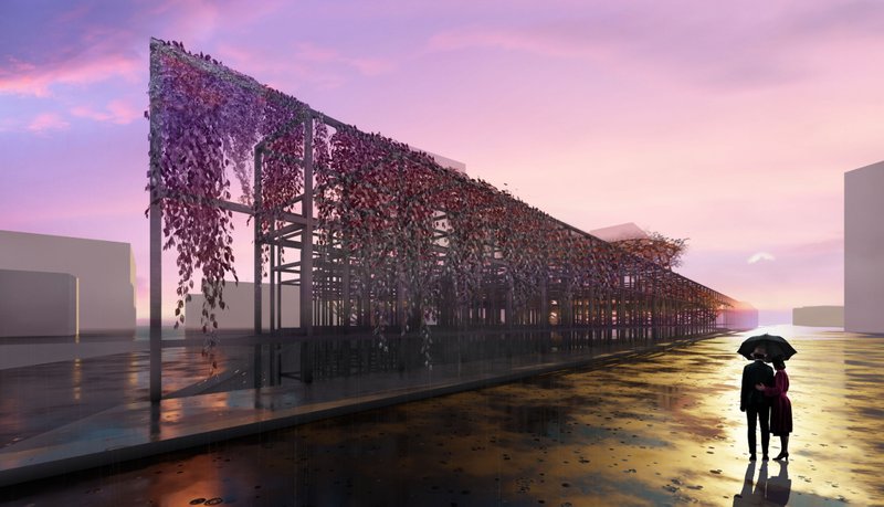A linear parametric canopy activates the forgotten railway, merging structure, landscape, and atmosphere into a continuous public experience.