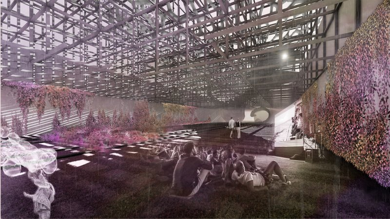 An adaptive interior landscape supports performances, gatherings, and informal use within a flexible parametric framework.