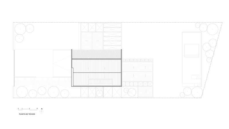 Roof plan drawing illustrating slatted canopy and surrounding landscape with circular tree plantings