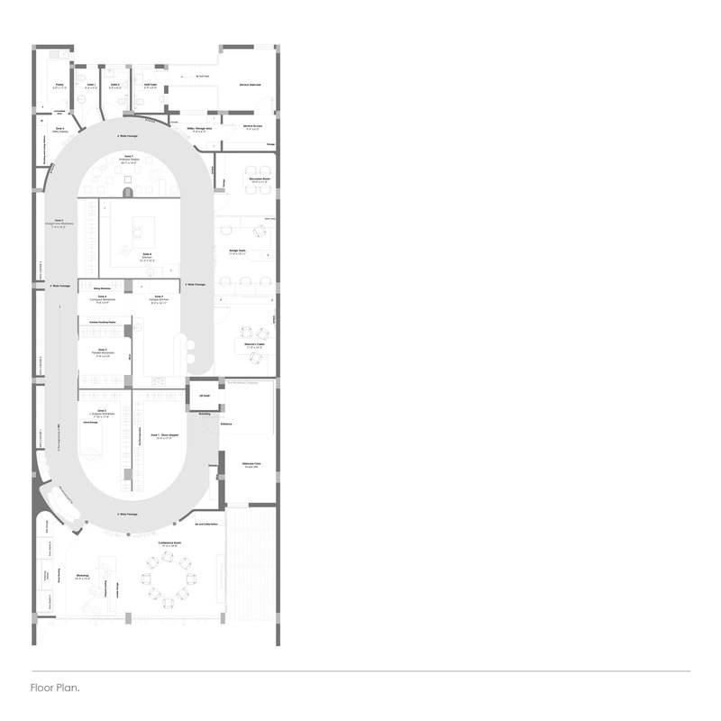 Floor plan drawing showing two curved zones flanking rectangular rooms in a linear arrangement