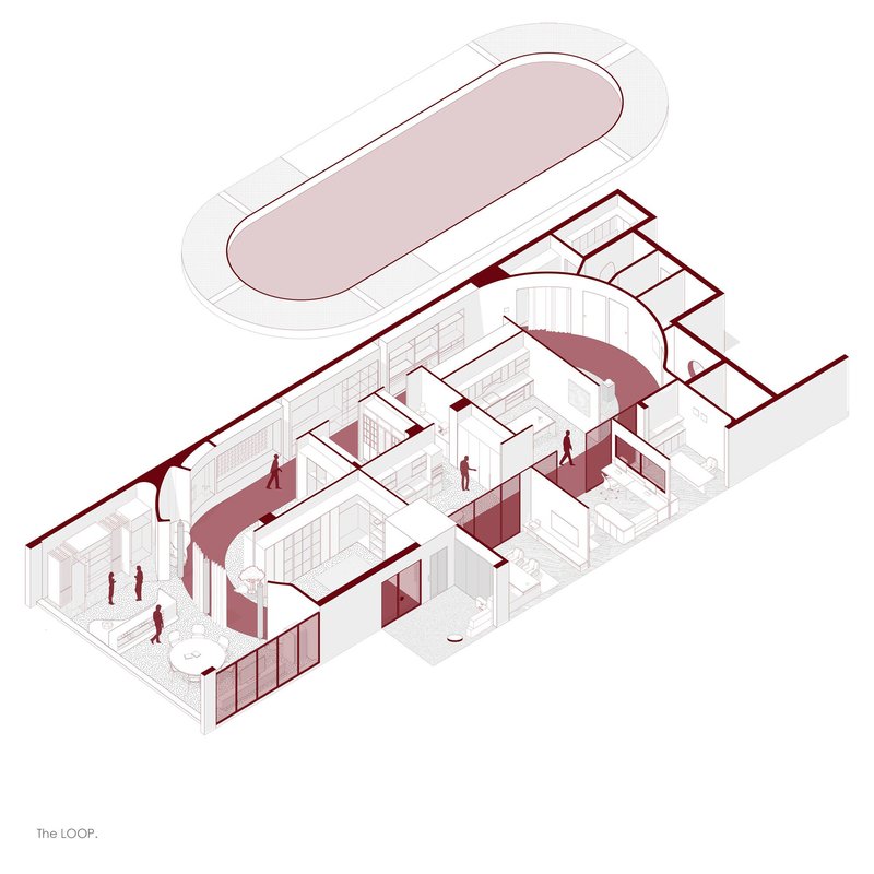 This architectural image presents an axonometric floor plan of a residential design concept called "The LOOP." The design features a continuous, loop-shaped cir