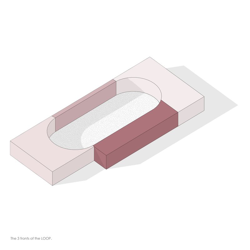Axonometric diagram showing an oval-shaped roof volume above a rectangular maroon mass and plinth base