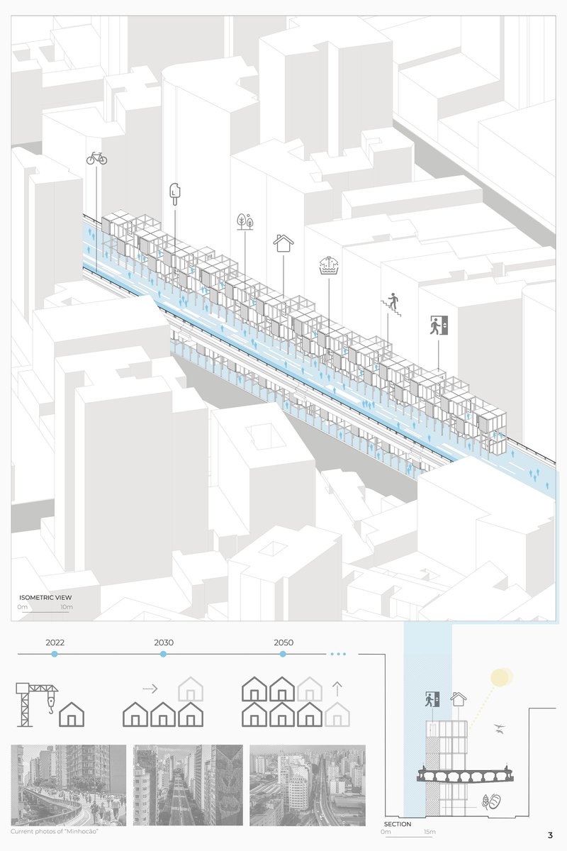 Isometric urban diagram illustrating scalable parasitic architecture growth along infrastructure over time.