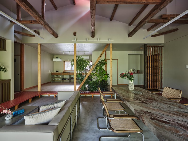 Living area with diagonal timber bracing, a reclaimed wood table and planted beds dividing the open space
